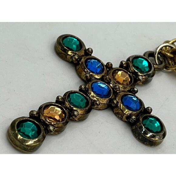 Multicolor Blue Yellow Green Multi stone Gold Tone Cross Long Pendant Necklace - Picture 6 of 8